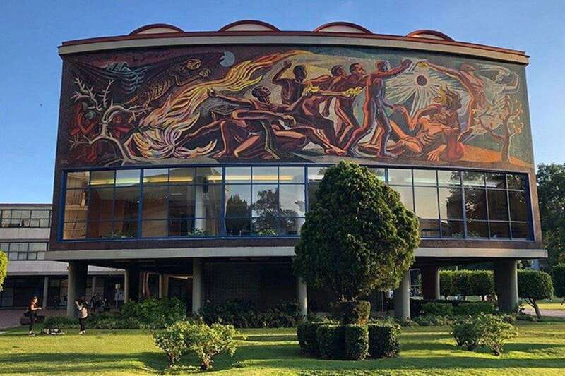 Xochimilco floating gardens, Coyoacan and UNAM murals - UNAM murals: the Diego Rivera panorama at the Olympic Stadium